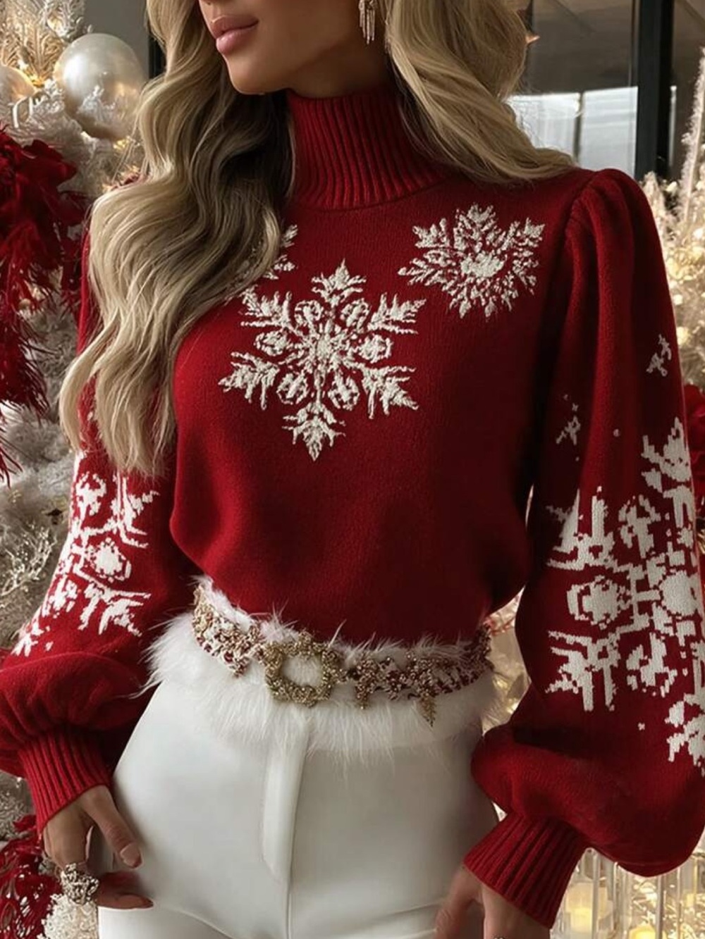 Christmas Snowflake Jacquard Turtleneck Sweater Petal Sleeve Red Knit